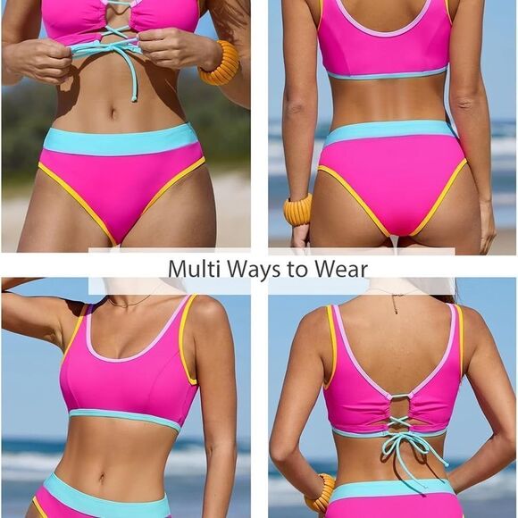 Cupshe Pink Blue Color Block Bikini Set - Picture 2 of 10